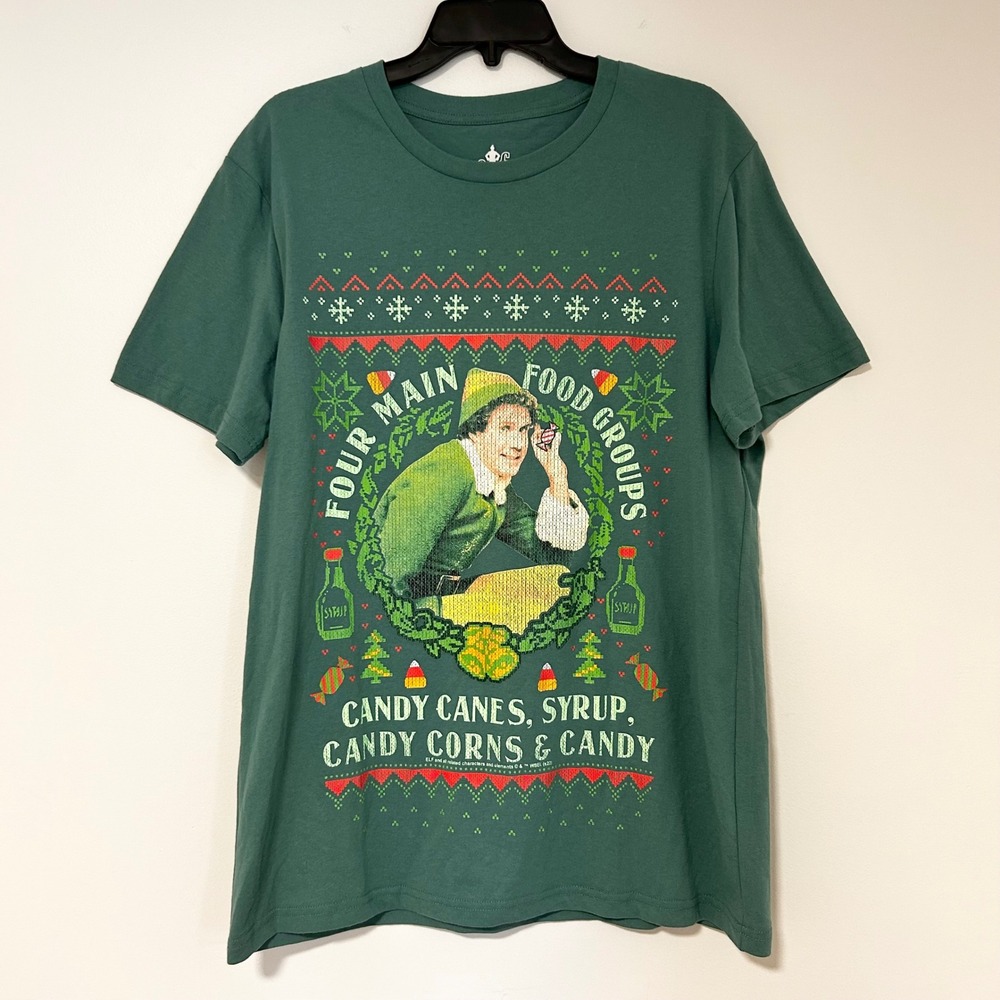 Elf Buddy Four Main‎ Food Groups Christmas Graphic T-Shirt Green Large L
